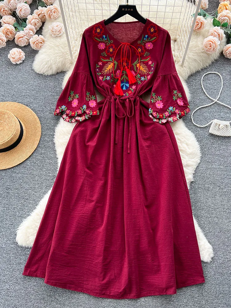 Women Summer Dress With New Minority Retro National Wind Heavy Industry Embroidery Lace Waist Horn Sleeve Fairy Vacation D4887