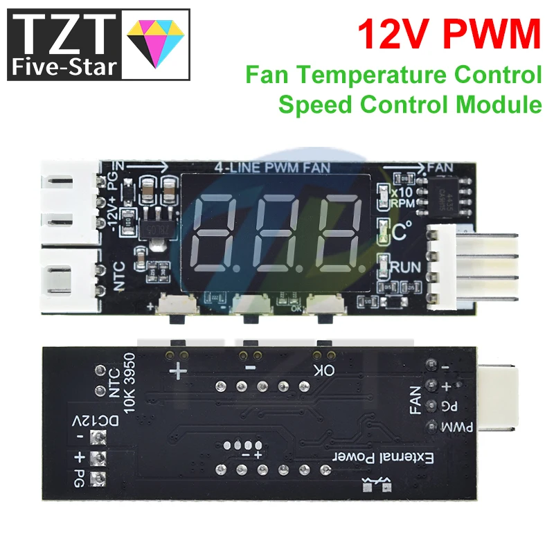 TZT DC12V 4-Wire Min Temperature Controller Speed Governor Fan Speed Motor Controller Digital Display Module Power Supply