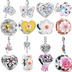 New 925 Sterling Silver Butterfly Holding Flowers Charms Beads Fit Original Pendant Bracelet DIY Necklace Fashion Woman Jewelry