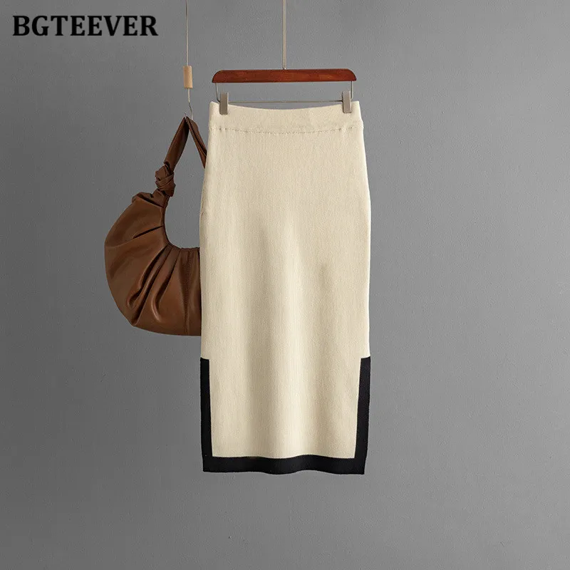 BGTEEVER Elegant Patchwork Ladies Knitted Skirt Set Long Sleeve  Sweaters Women Slim Knitting Skirts Autumn Winter