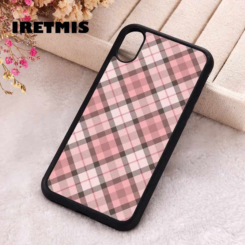 Iretmis Phone Cover Case For iPhone X XS Max XR 11 12 13 PRO MINI 14 15 16 Plus Rubber Silicone Pink Plaid design