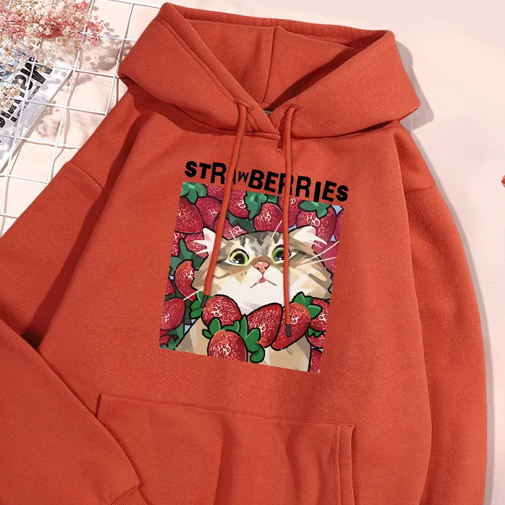 Strawberry Cat Hoodie Men Cartoon Print Fur-liner Fleece Hoodies Soft Comfort Casual Pullover High Quality Hoody Autumn Man Tops