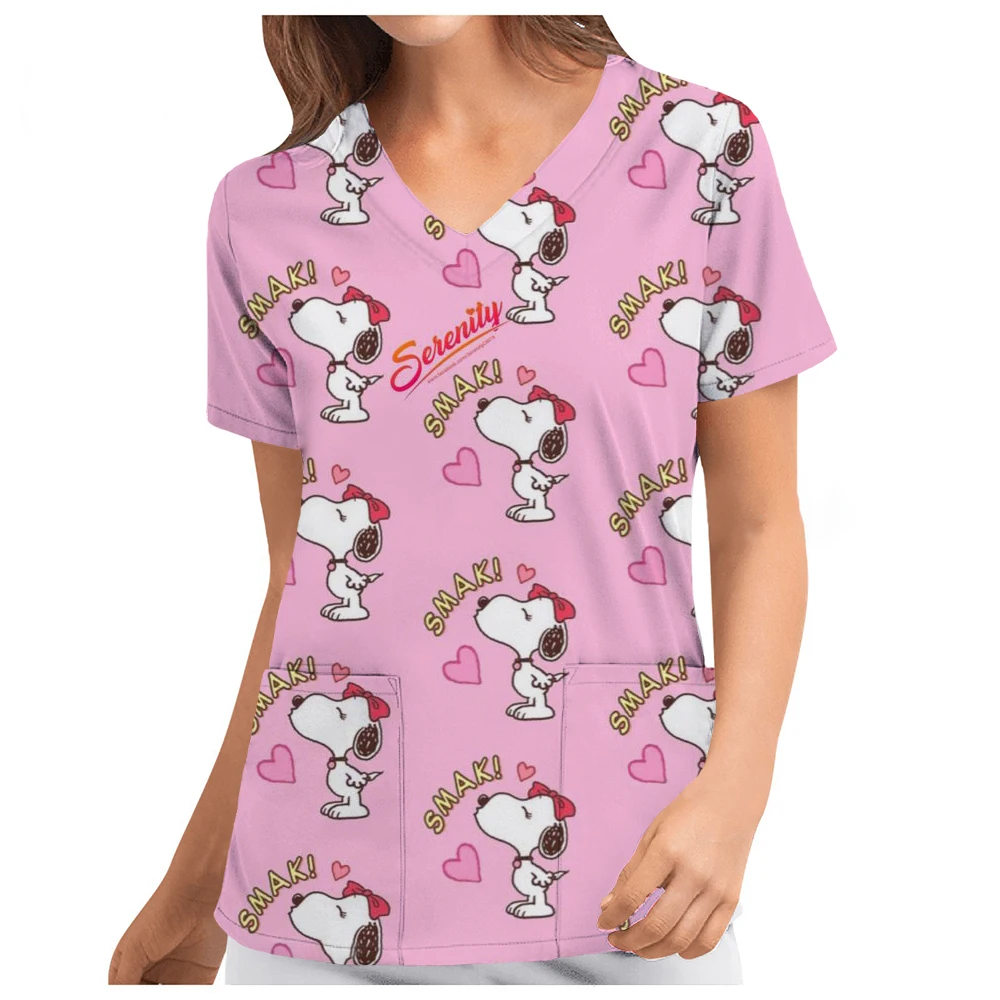 Women Nurse T-Shirt Workers Snoopy print Short Sleeve Pocket V Neck Nursed T Shirts Scrub Uniform Workwear Carer Working Tops