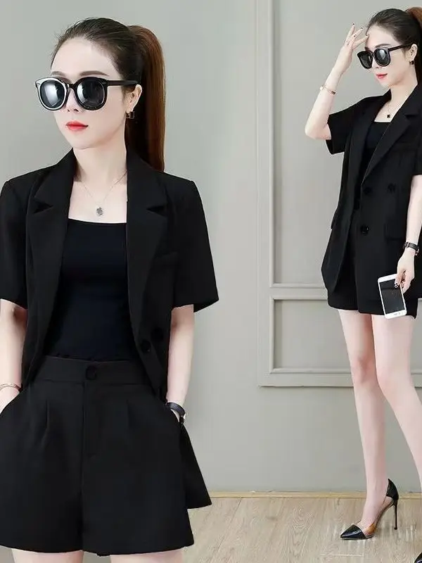 

Summer Casual Slimming Korean Style Women's Suit Set High Waist Loose Fit College Style Fashionable Two-Piece Polyester Ensemble
