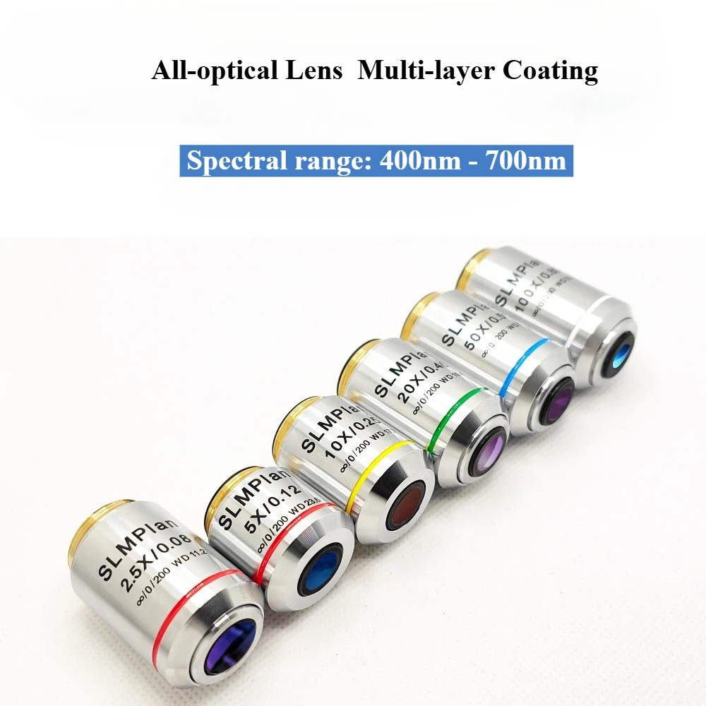 Objectif pour Plan infini métallurgique, longue Distance de travail, filetage 20.32 RMS pour Olympus, 2x4x5x10x20x40x50x100x F = 200
