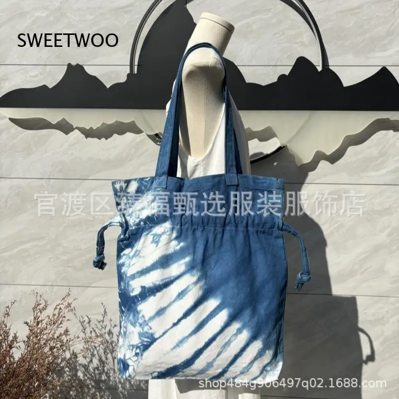 2026 Yunnan Tie-Dye Blue and White Canvas Tote Bag Traditional Ethnic Style Drawstring Shoulder Bag