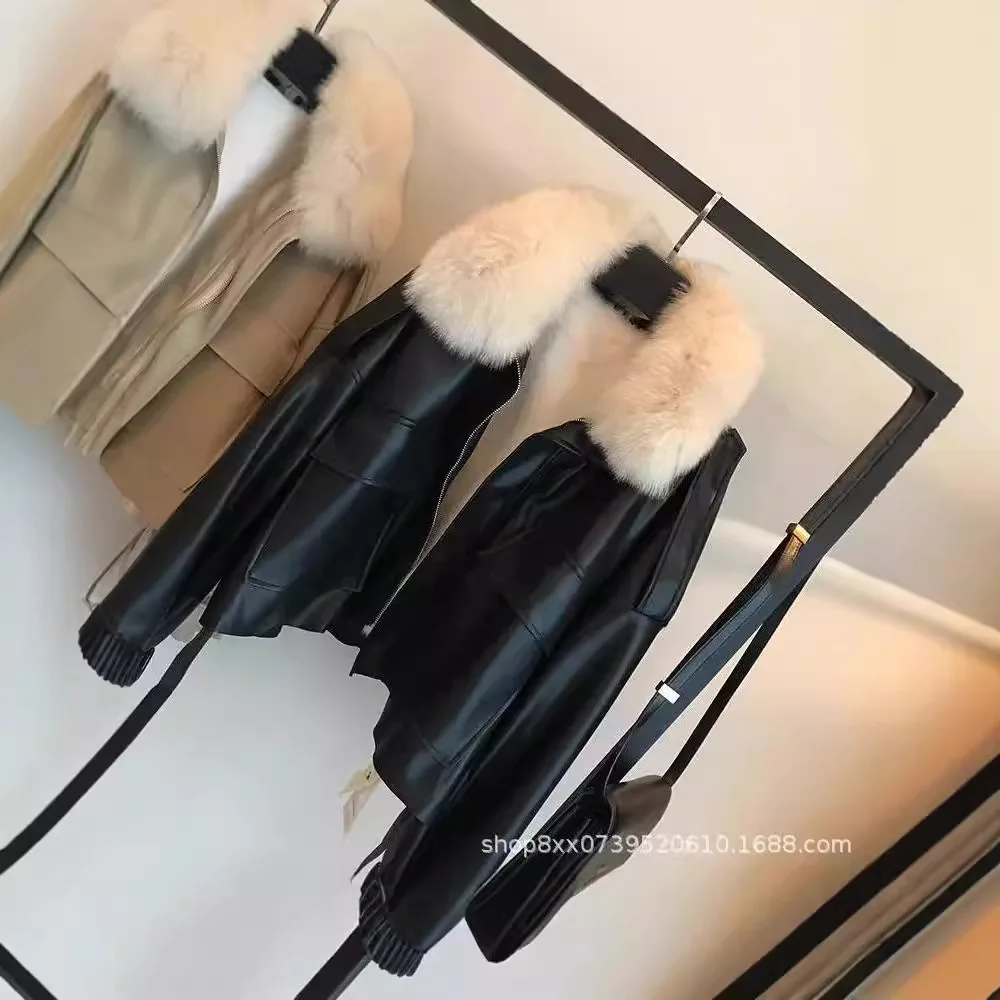 Women Faux Leather Coats Solid Short Jackets Zipper Pocket Fur Turn Down Collar Long Sleeves Loose Fit Casual 2025 Autumn Winter