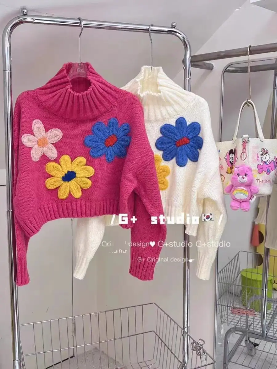 

Trends High-neck Knit Pullover Autumn Winter Floral Embroidery Cropped Top Women's Wool Sweater Soft Lazy All-match Jumpers New