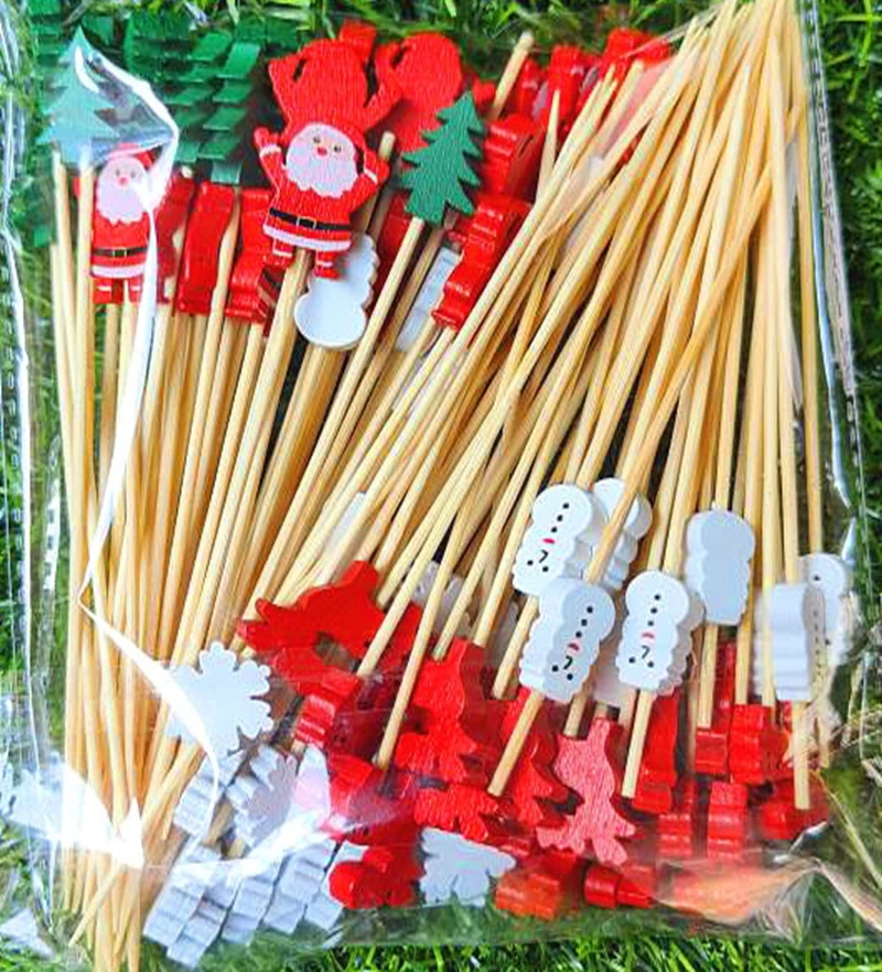 Disposable Bamboo Skewers, Food Picks, Fruit Fork, Christmas Party, Cake, Dessert, Salad Sticks, Toothpick Skewer, 100Pcs