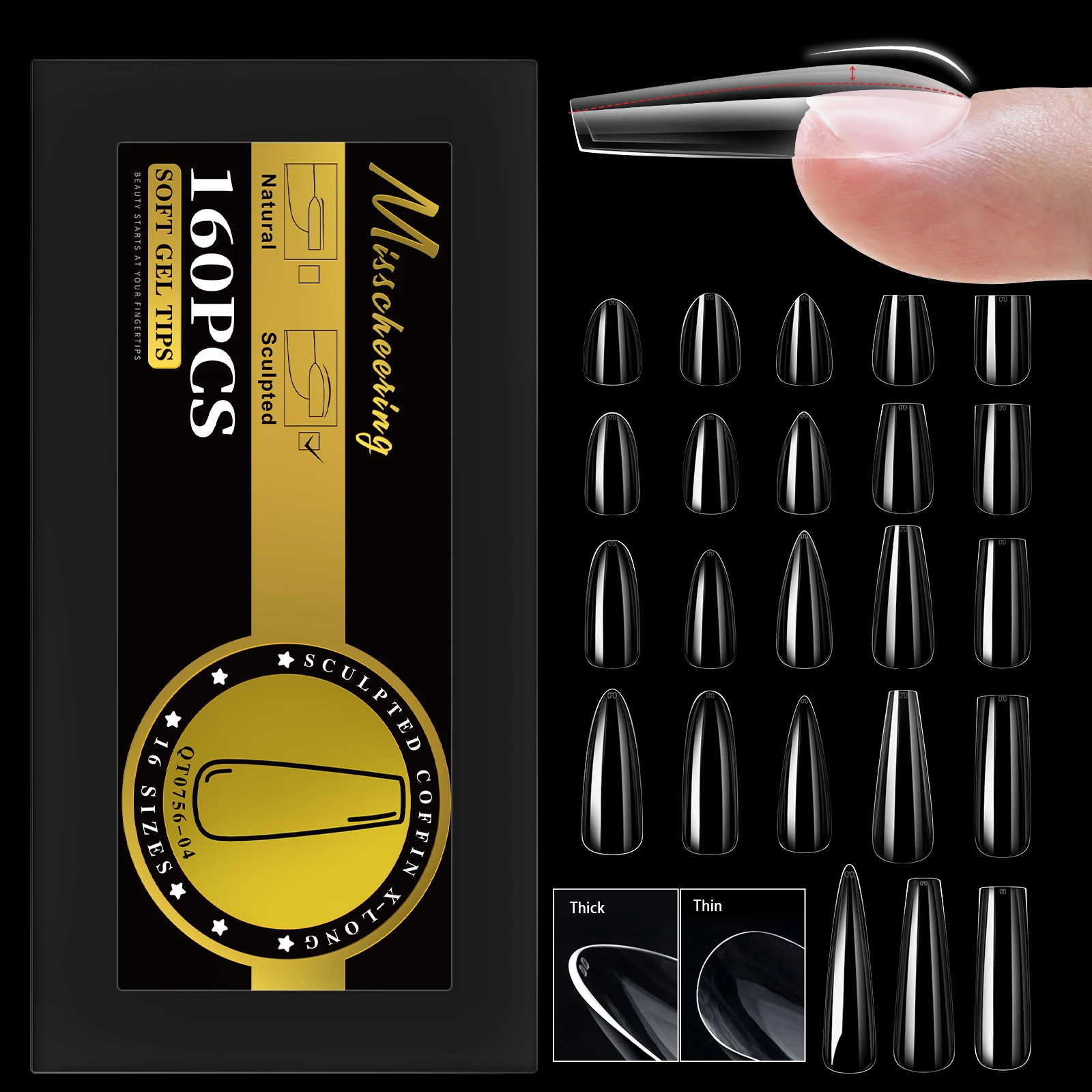 S-2XL Glänzende falsche Nagelspitzen, geformtes weiches Gel, Mandelsarg, Stiletto, vollständige Abdeckung, zum Aufdrücken der Nägel, künstliche DIY-Verlängerungsversorgung – Detail 2