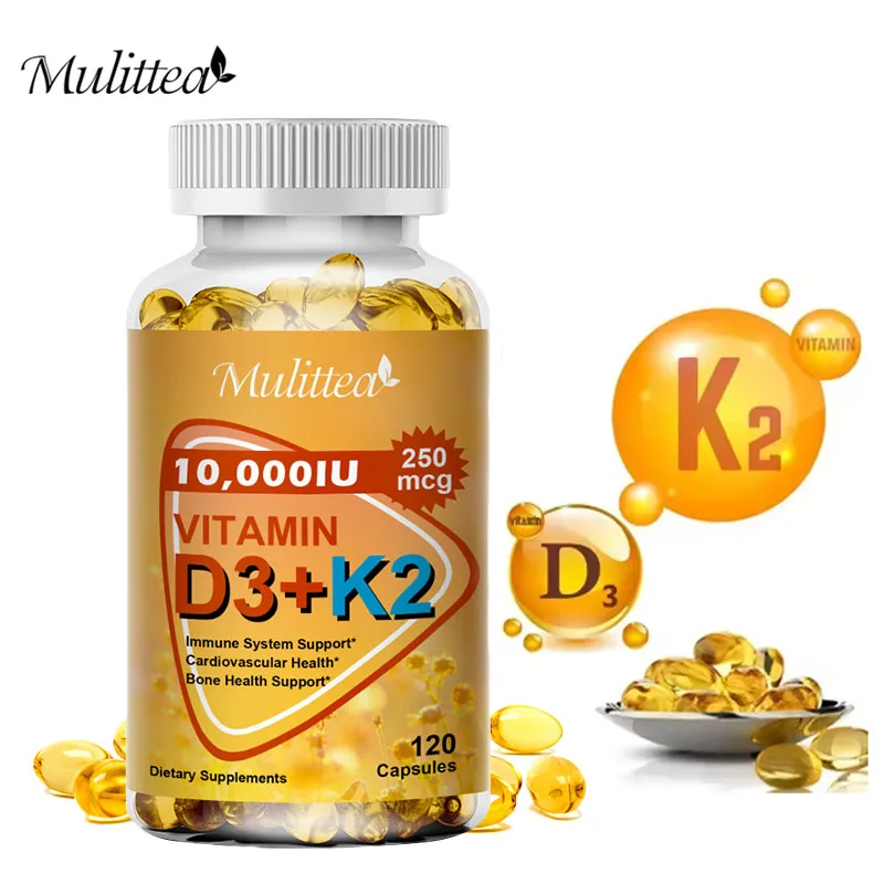 Mulittea Vitamin D3+K2 Capsules Help Regulate Calcium Metabolism Promote Heart Bone Teeth and Skin Health Support Immunity