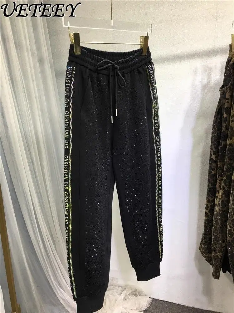 

Hot Diamond Alphabet Sweatpants 2025 Spring New Classic Line European Style Black Casual Pants Black Elastic Waist Sweatpants