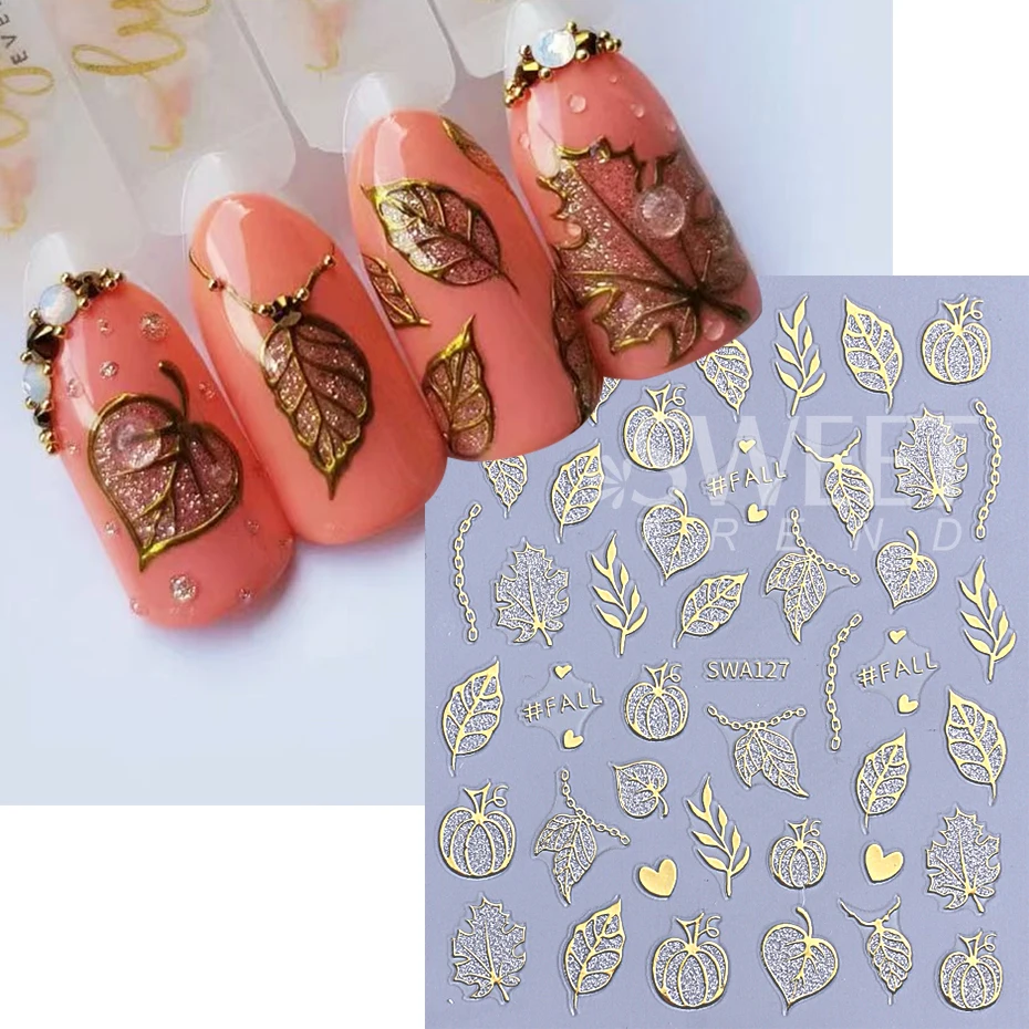 2 stuks glitter pompoen nail art stickers herfst glanzende herfstbladeren ontwerpen 3D zelfklevende nagelstickers DIY manicure decoratie