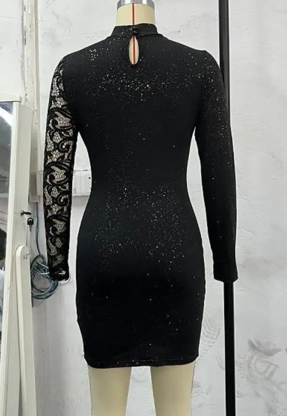 Vestidos de noite para as mulheres 2022 novo elegante sexy festa de casamento convidado glitter contraste renda recorte manga longa bodycon mini vestido