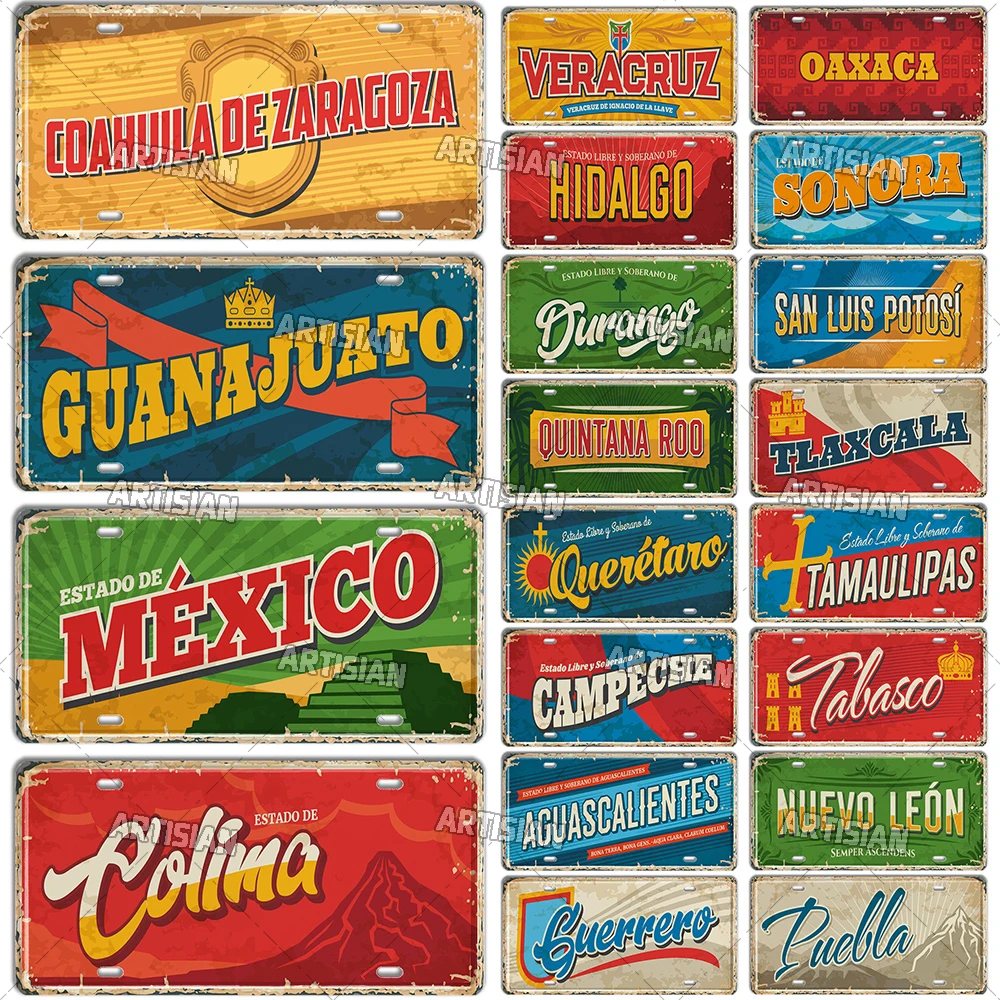 Artisian MEXICO License Plate City Metal Tin Plaque Car Metal Sign Wall Decor Garage Bar Pub Club Hotel Cafe Kitchen Home