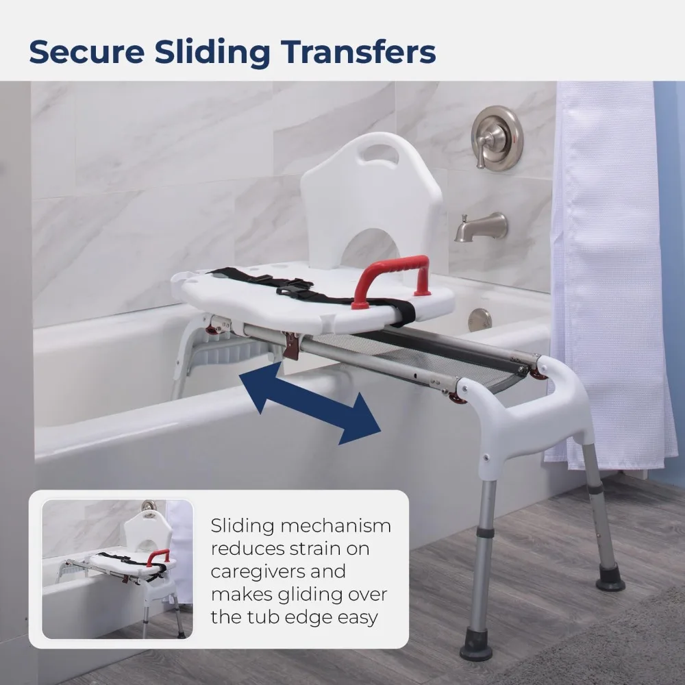 Adjustable Height Sliding Bathtub Transfer Bench Shower Chair with Armrests and Seatbelt 300 Pound Weight Capacity White