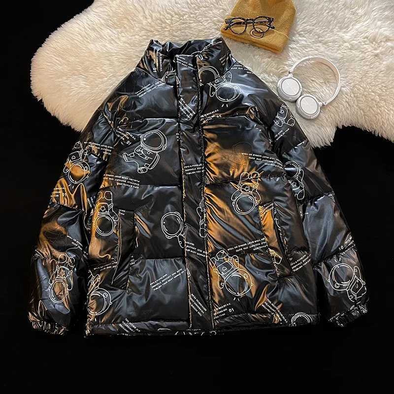 Streetwear Fashion Stand Collar Reflective Design Cotton Down Jackets Men Hip Hop Cartoon Prin Winter Thicken Coat Men