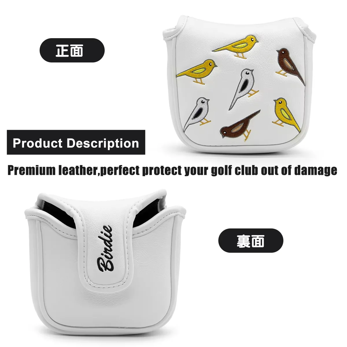 

Birdie Golf Putter Cover Mallet Putter Headcover White Golf Club Putter Head Covers Leather Aliennana with Magnetic