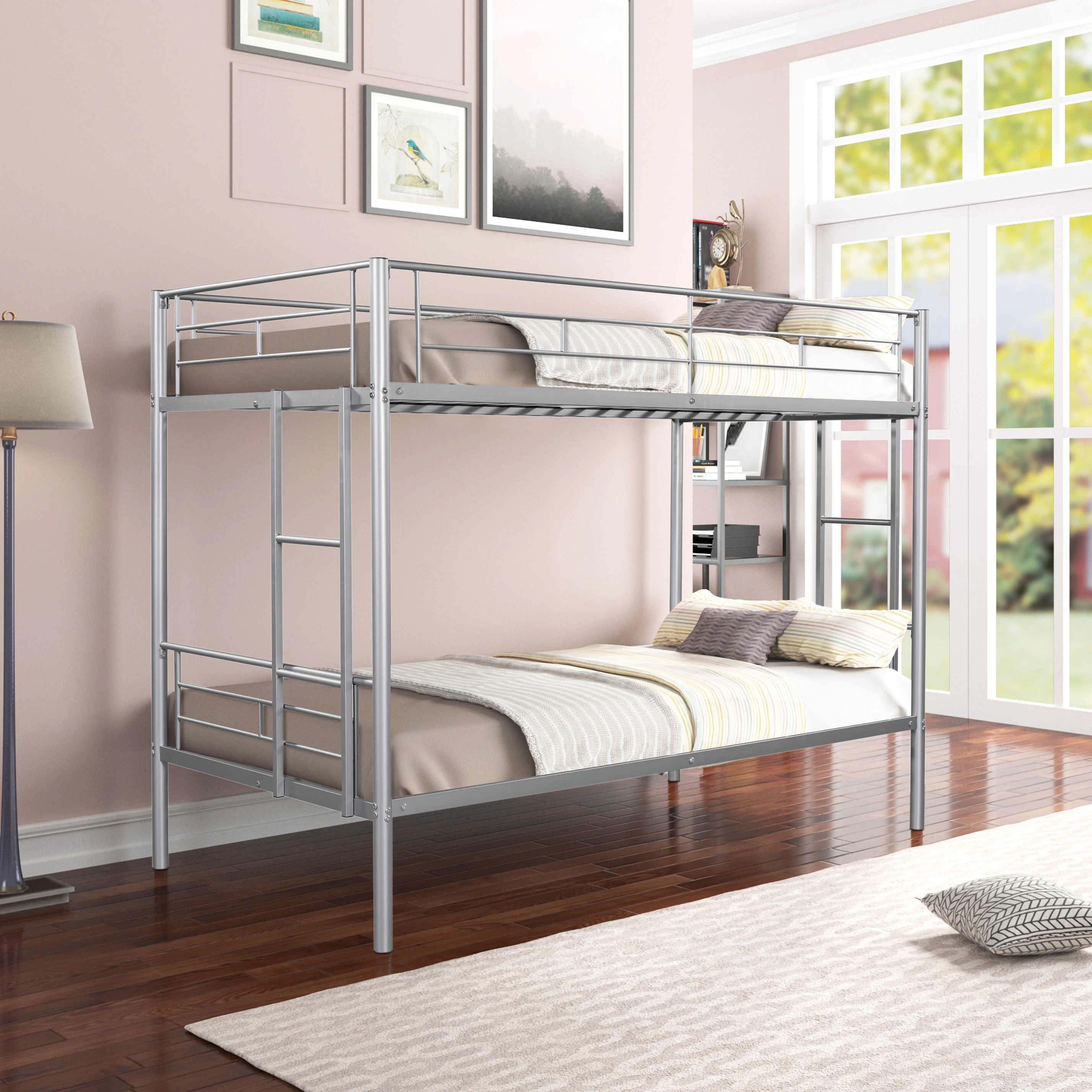 Bunk Beds Twin Over Twin, Heavy Duty Twin Size Metal Bunk Bed Frame with Guardrail & Ladders, Space-Saving, Noise Free