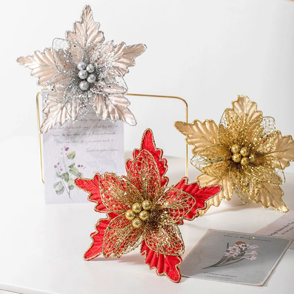 

24cm Glitter Artifical Christmas Flowers Merry Christmas Tree Decoration Christmas Ornaments Home New Year Wedding Party Decor