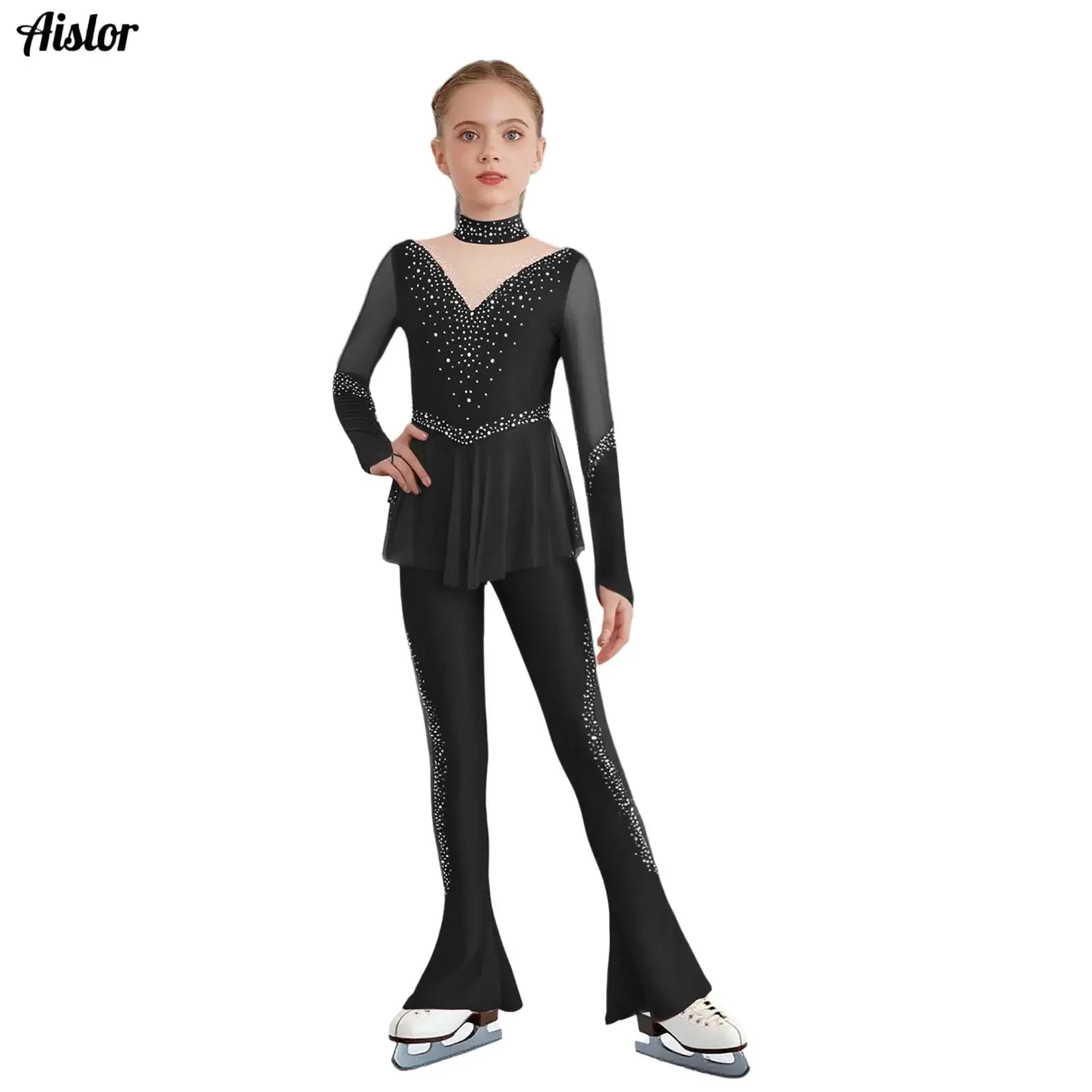 

Kids Girls Figure Skating Jumpsuit Gymnastics Performance Costume Mesh Patchwork Shiny Rhinestones Bell-Bottom Peplum Bodysuit