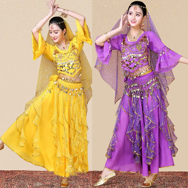 Lady Belly Dance Chiffon Banadge Top paillettes gonne Set Halloween Bollywood Costume Rave Outfit monete Gypsy Hip sciarpa braccialetto