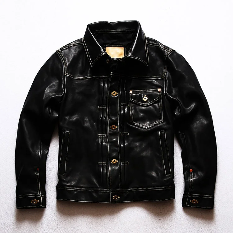 style.Classic Free casual shipping.Japan 506 vintage horsehide jacket.men slim quality genuine leather coat.black.short