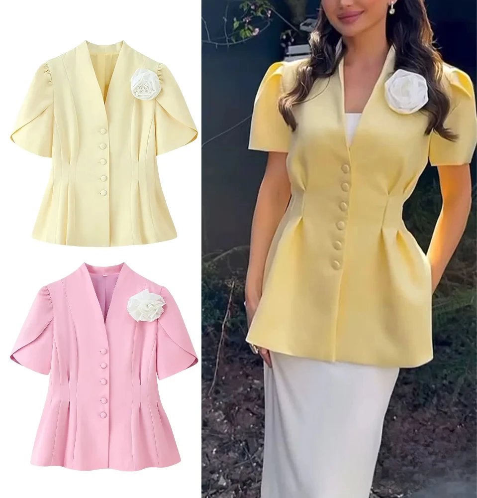 

KONDALA женский милый осенний пиджак с короткими рукавами, трехмерный пиджак с цветочными пуговицами на талии, летний модный элегантный шикарный пиджак 2025 г.