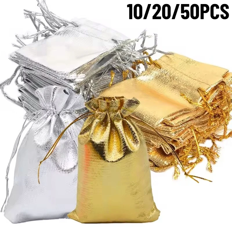 10/20/50PCS Gold/Silber Kordelzug Taschen Schmuck Süßigkeiten Kordelzug Einstellbare Geschenk Taschen Halloween Hochzeit Geburtstag Party liefert