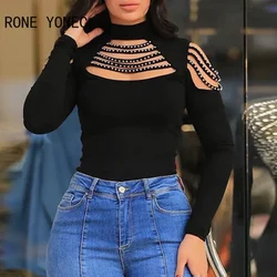 Women Chic Rhinestone Patchwork Hollow Out Off Shoulder Long Sleeves Sexy Black Basic Blouse Tops