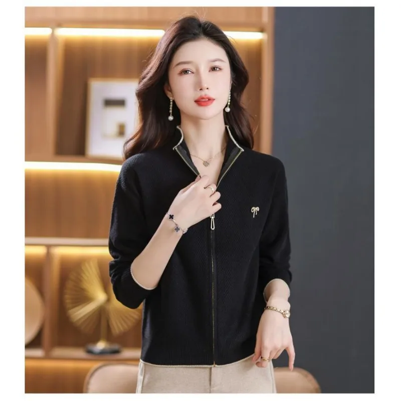 여성용 신상 스플라이스 스탠드 칼라 지퍼 패셔너블 솔리드 컬러 루즈 다용도 캐주얼 긴팔 니트 가디건