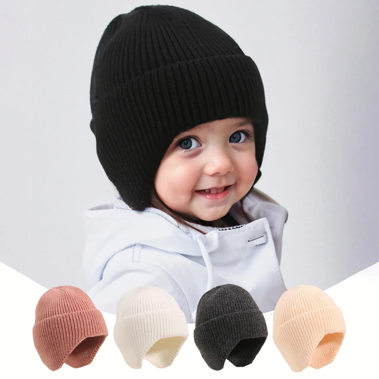 

Winter Warm Baby Knitted Hat Solid Color Baby Girl Boy Cap Beanie Infant Toddler Anti-cold Earmuffs Pullover Cap Bonnet