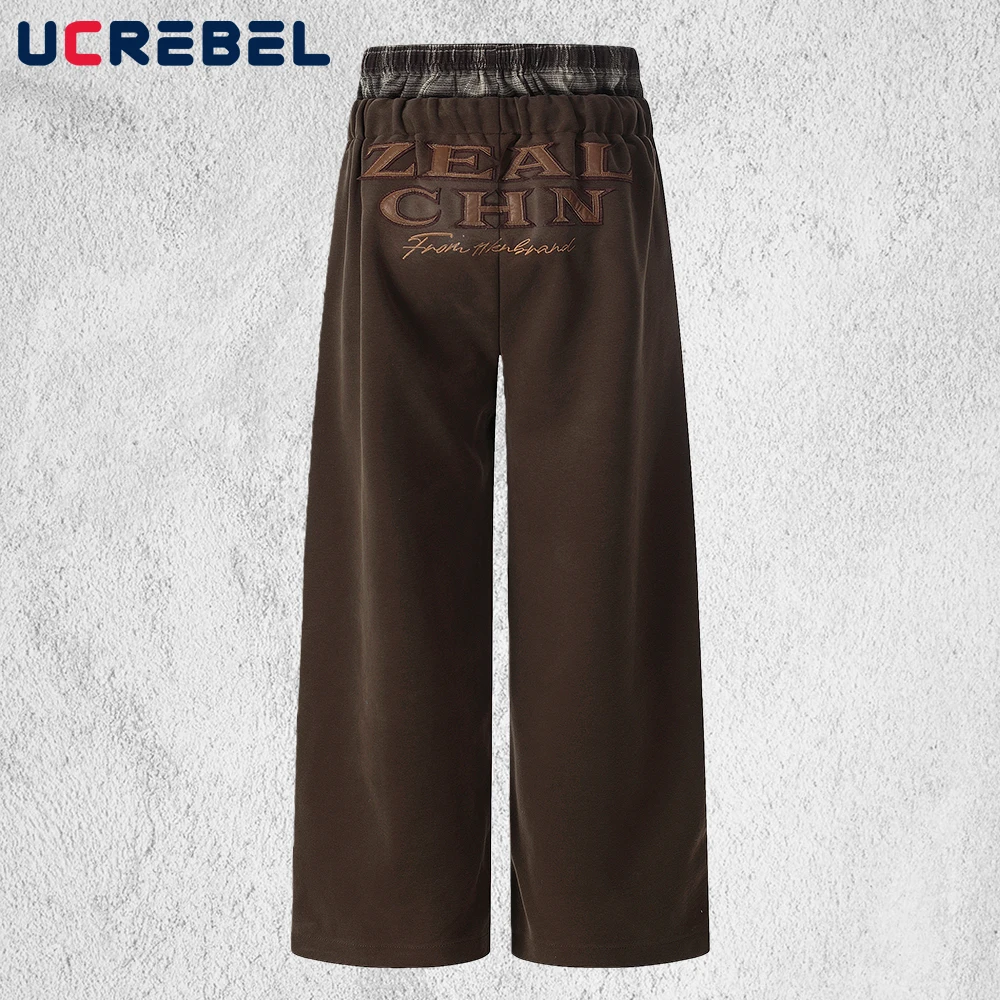 

Letter Embroidery Double Waisted Sweatpants Mens Retro Distressed High Street Spliced Elastic Waist Baggy Wide Leg Sports Pants