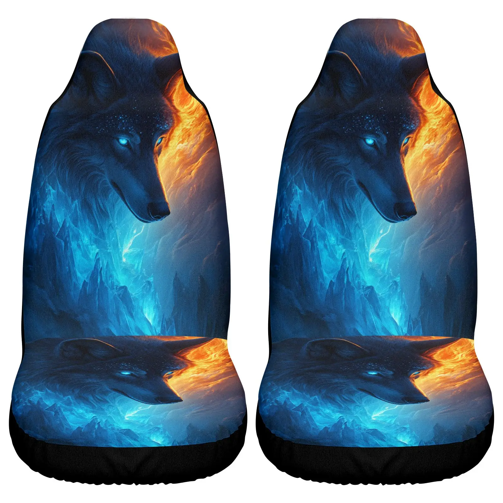 2pcs Car Seat Covers | Car Seat Covers Blue And Orange Wolf Fire And Ice Design For Car Interior Decoration