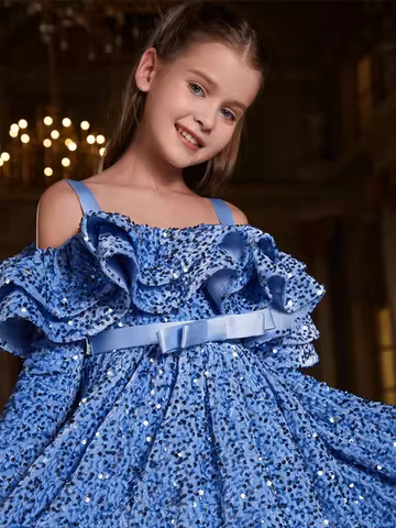 Blue Velvet Girl Birthday Evening Dress Girl Luxury Wedding Flower Girl Dress Shiny Floor-Length Dance Performance Evening Dress