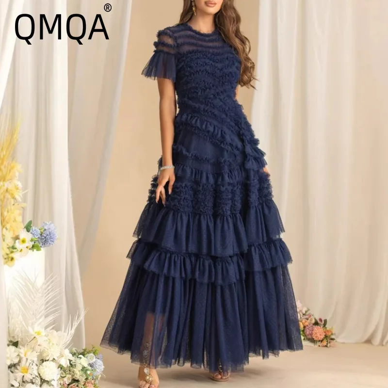 QMQA Fashion Women's Elegant Evening Dresses Round Neck Short Sleeve Spliced Ruffles Big Swing Banquet Dress 2026 New QM1138