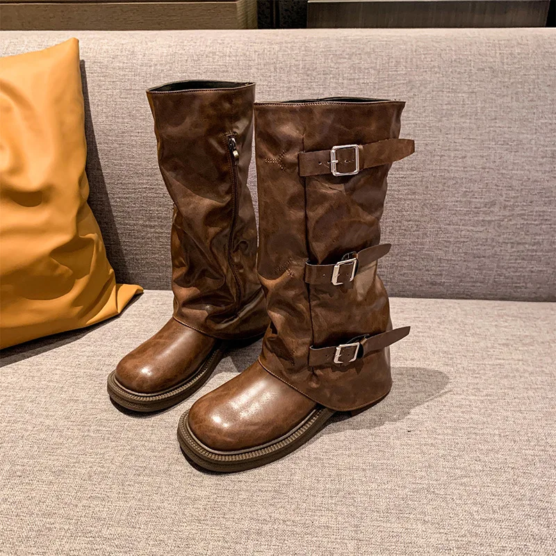 Único retro salto grosso meados de bezerro botas de cowboy ocidental botas de equitação botas de couro precoce estilo francês botas femininas