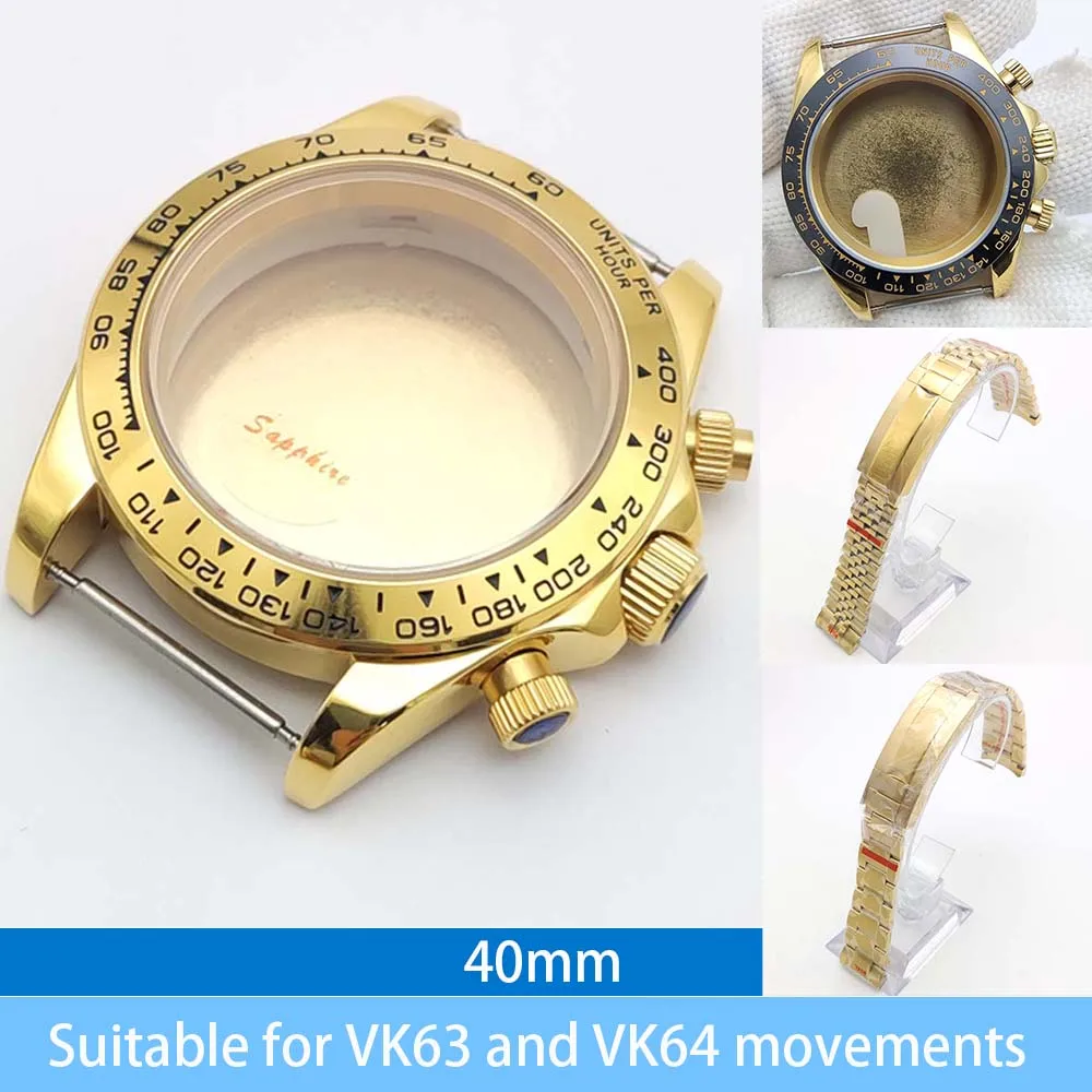 

40mm golden luxurious and fashionable case is suitable for VK63 and VK64 quartz movement chronograph case replacement parts