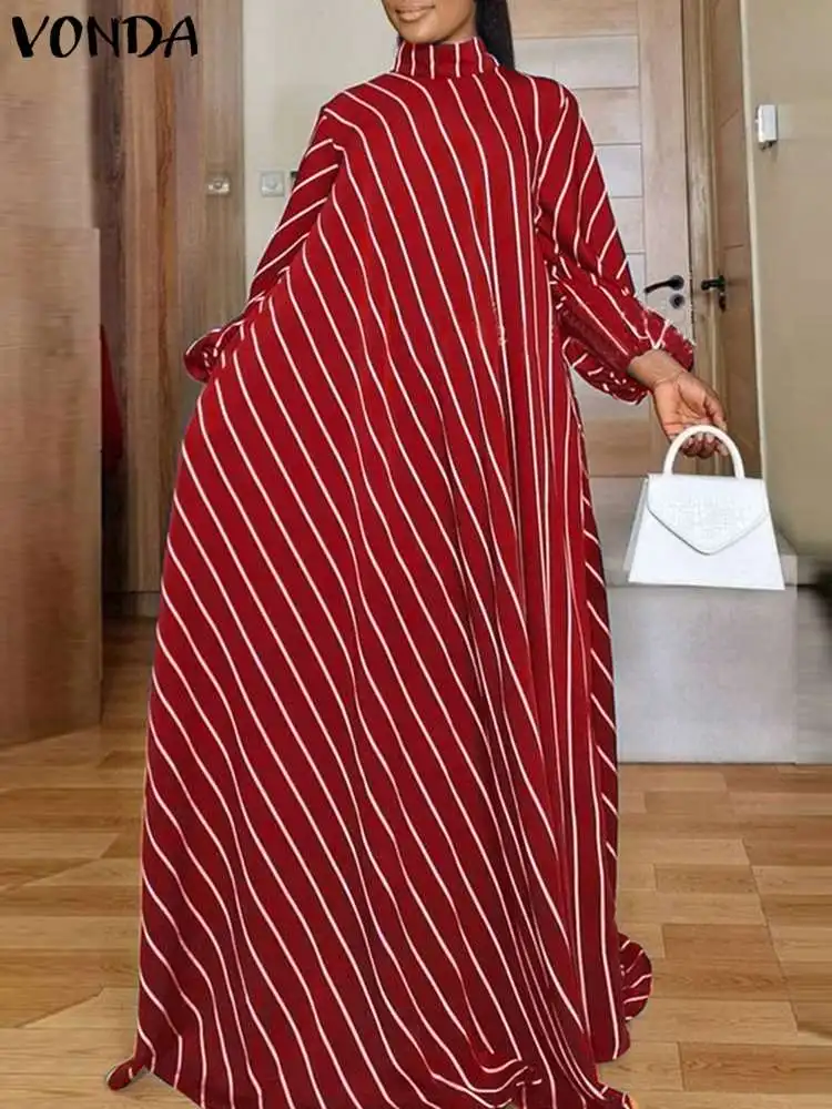 VONDA 2023 Autumn Women Maxi Dress Elegant Evening Sundress Sexy High Neck Long Sleeve Striped Dress Bohemian Printed Vestido