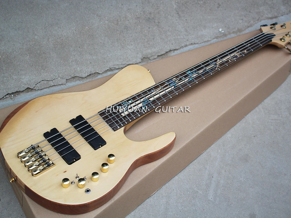 5 Strings Natural Wood Color Neck-thru-body Electric Bass Guitar with Abalone Inlay,Rosewood Fretboard