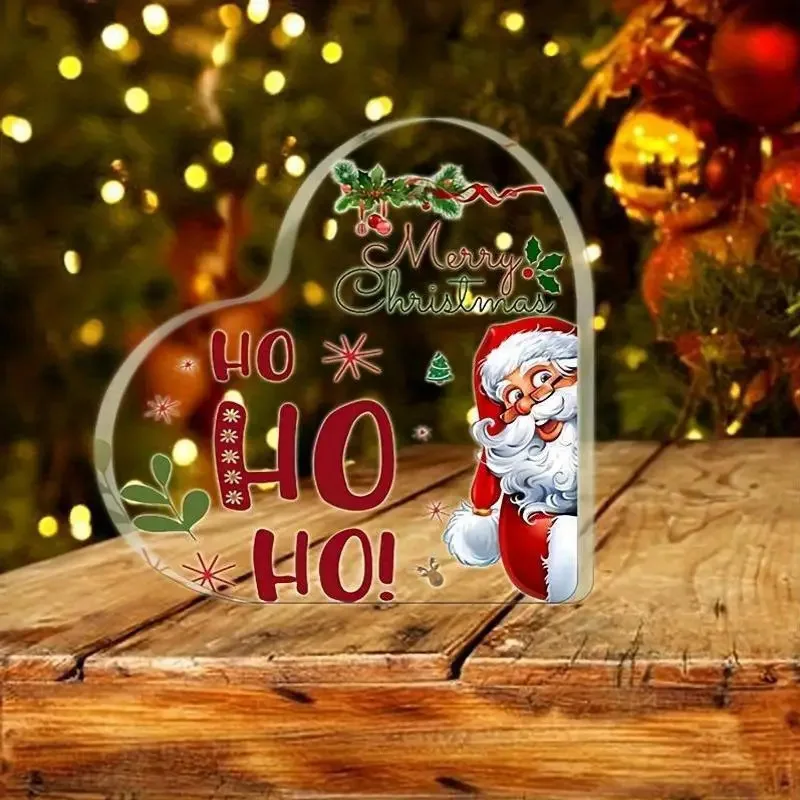 Santa Claus Elk Print Acrylic Heart Plaque Christmas Party Accessory Gift For Kid Boy Girl Children Bedroom Keepsake Table Decor