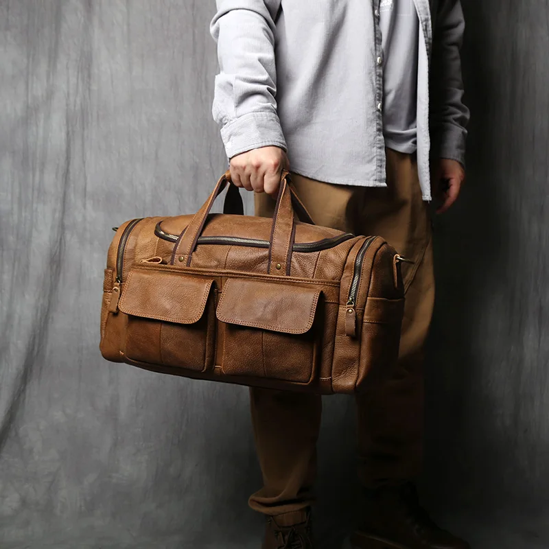 NZPJ Retro Herren Handgepäcktasche Leder Reisetasche Oberschicht Rindsleder Große Kapazität One Shoulder Messenger Bag Lässiger Laptop – Detail 5