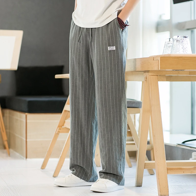 

Men's Linen Casual Pants Loose Wide Leg Summer Thin Straight Cut Casual Trousers Vintage Cotton Linen Striped Faionable Youth