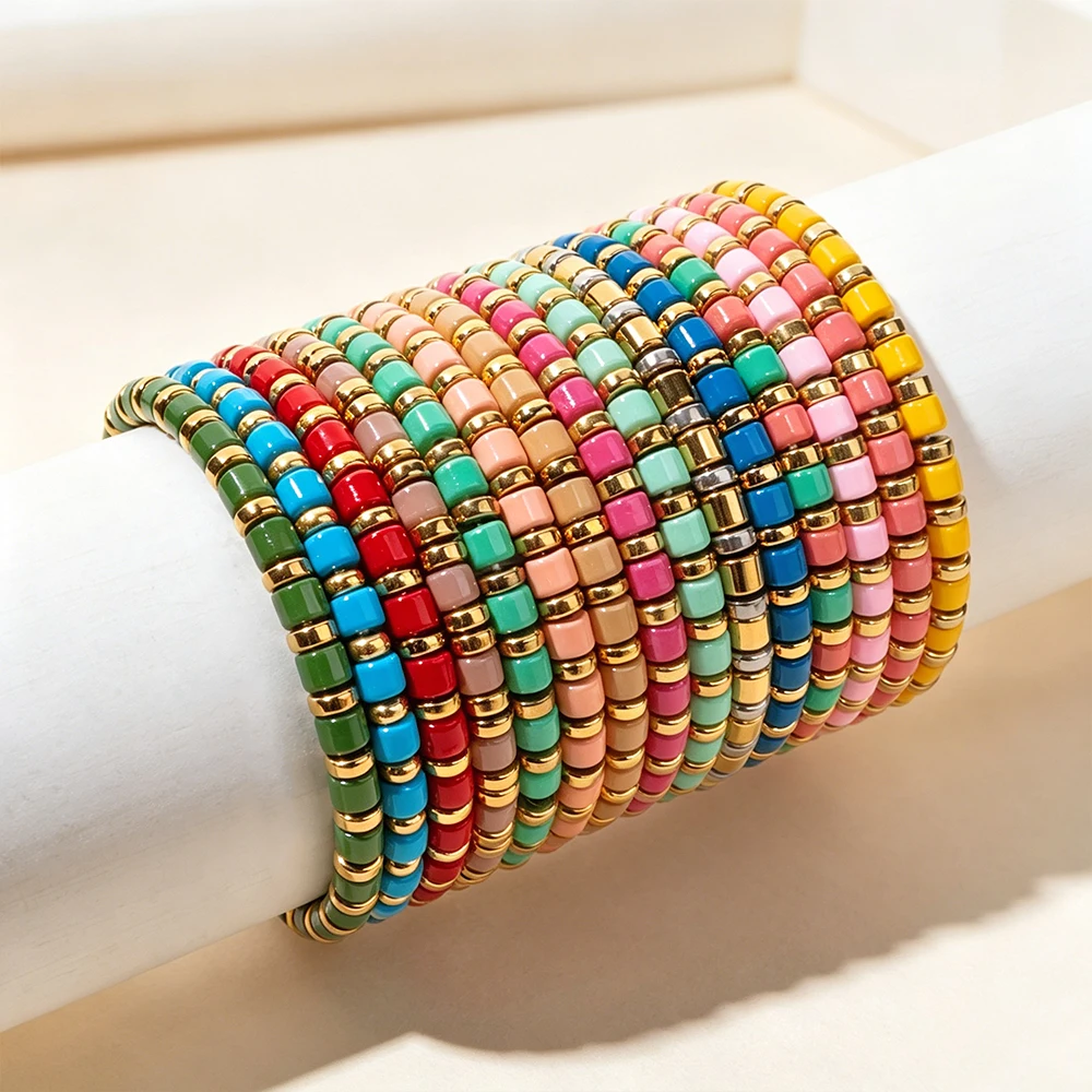 3x6mm Beaded Colorful Bohemian Gold Slice Beads Elastic Bangle Accessory Colorful Boho Bracelets
