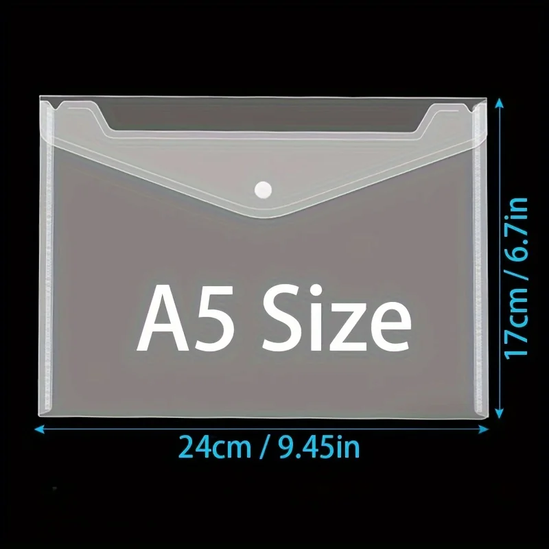 12 unids/pack, bolsa de archivo transparente tamaño A5 botón a presión bolsa de almacenamiento A5 bolsa de archivo de plástico PP suministros escolares de oficina