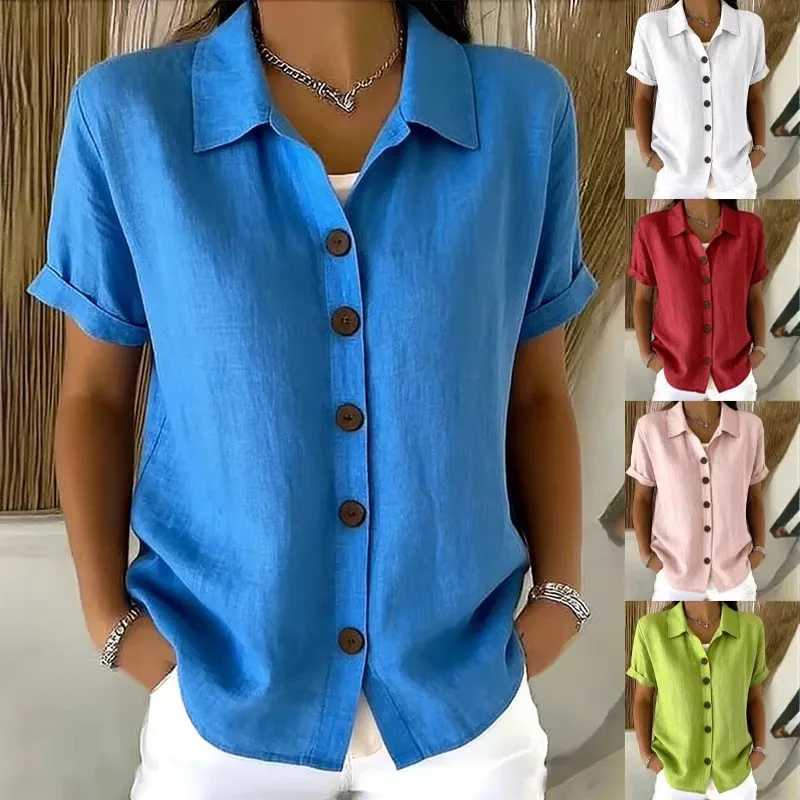 

Women's Blouse Short Sleeve Solid Color Blouses Loose Fit Pastel Green Button Up Shirt Oversized Dusty Pink Casual Shirt