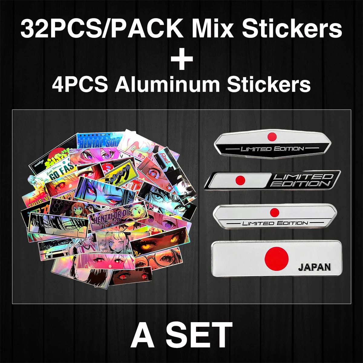 32PCS Binäre Änderung JDM Anime Schönheit Auge Aufkleber Zufällige Laser Regenbogen Motorrad Auto Fahrrad Helm Zubehör DIY Aufkleber