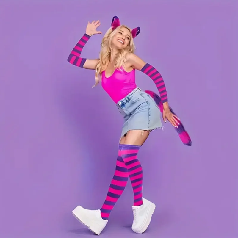 Set costume da gatto di Halloween con coda soffice, collare, fascia per capelli, guanti e calzini a righe - Poliestere e spandex, festa a tema animali