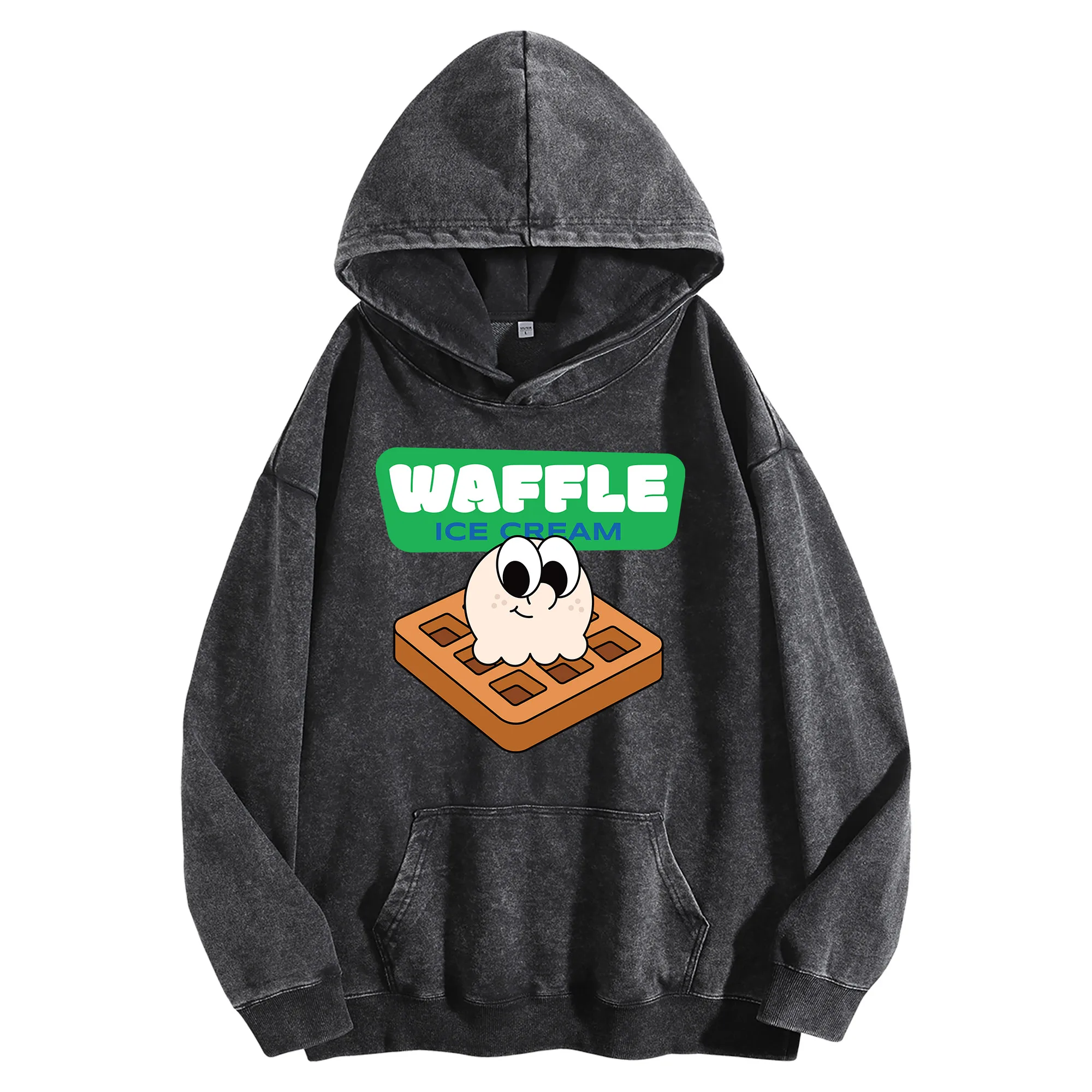 سترة بغطاء للرأس مغسولة عتيقة 400G مطبوعة برسومات WAFFLE للجنسين، بلوفر كبير الحجم، مجموعة الخريف/الشتاء