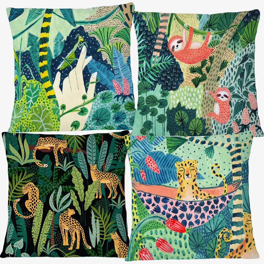 Tropical Summer Jungle Woods Tiger Leopard Snake Fox Sloth Animals Cushion Covers Decorative Pillowcase